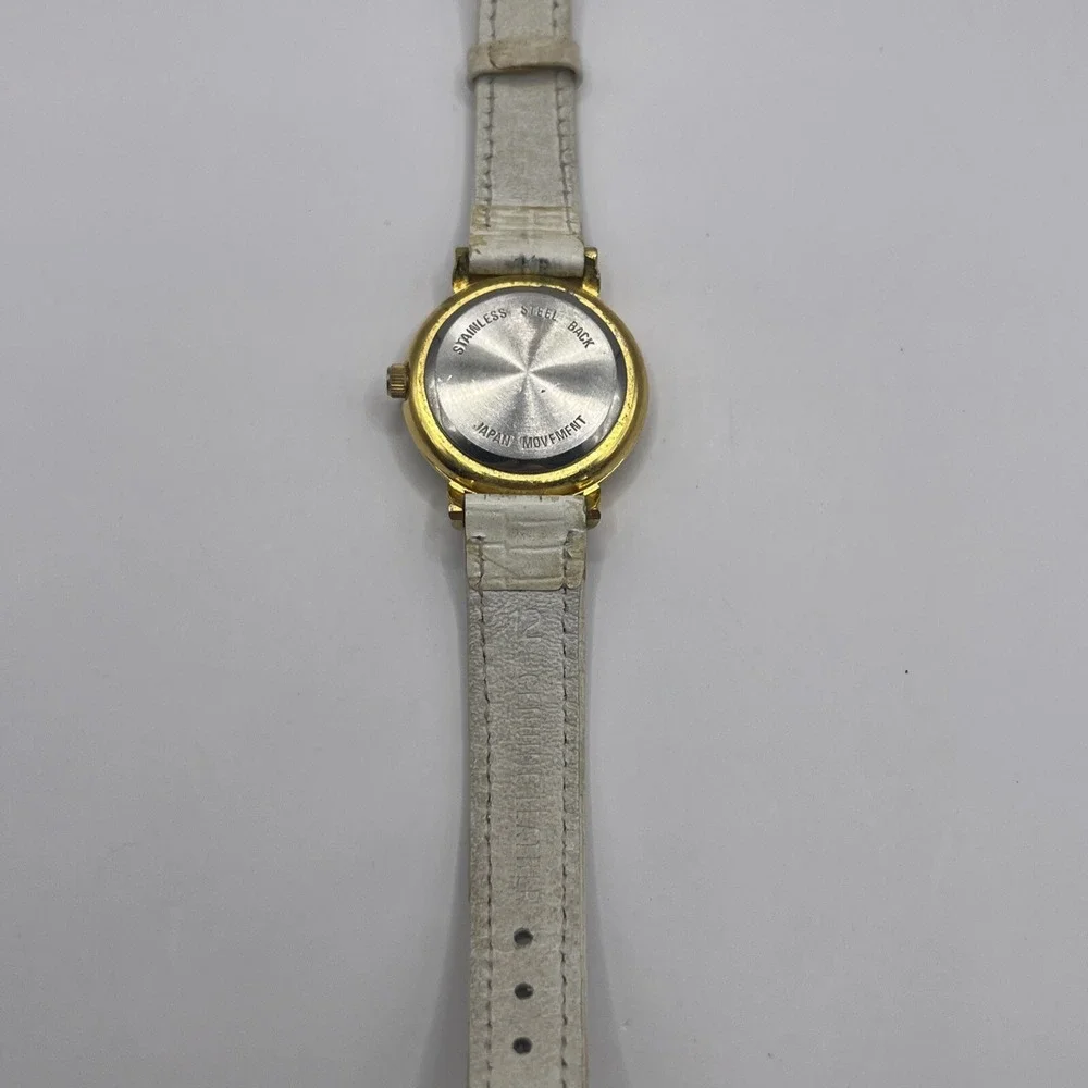 Laura Gayle‎ Gold Tone Quartz Watch White Leather Band- New Battery!
